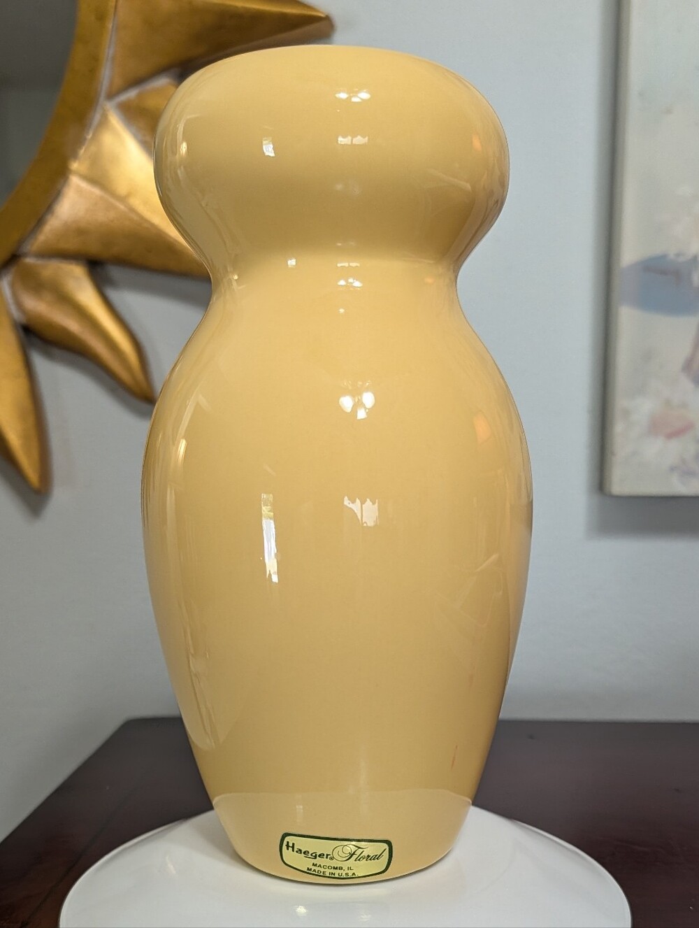 Haeger Pottery Floral Vase Yellow Hourglass Glossy Vintage 8.25" H Made In USA